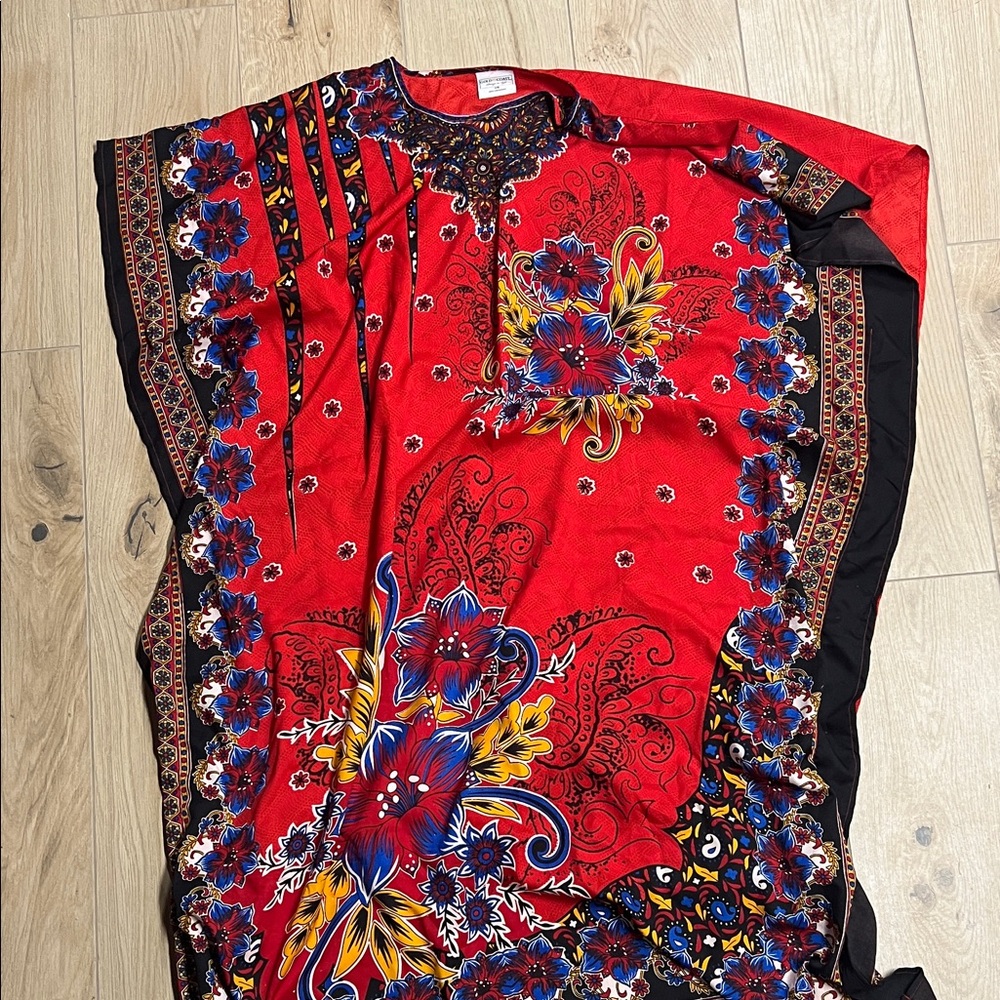 Red Floral Kaftan with Blue and Yellow Accents